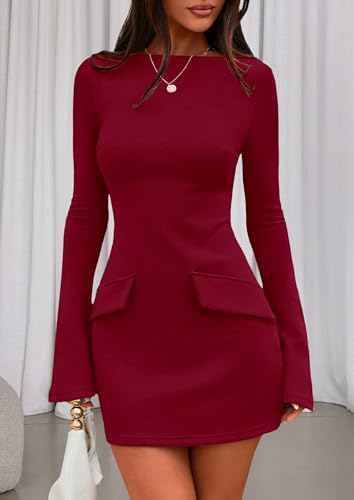Image of PRETTYGARDEN Womens Fall Long Sleeve Mini Dress 2025 Trendy Boat Neck Bodycon Knit Elegant Short Party Formal Dresses