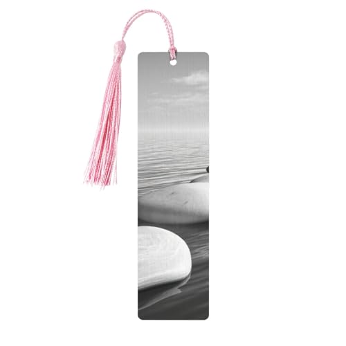 グレー 禅 ストーン ピクチャー プリント 5個 木製しおり タッセル付き、読書ページマーカー ブックマーク、男性女性へのギフト。