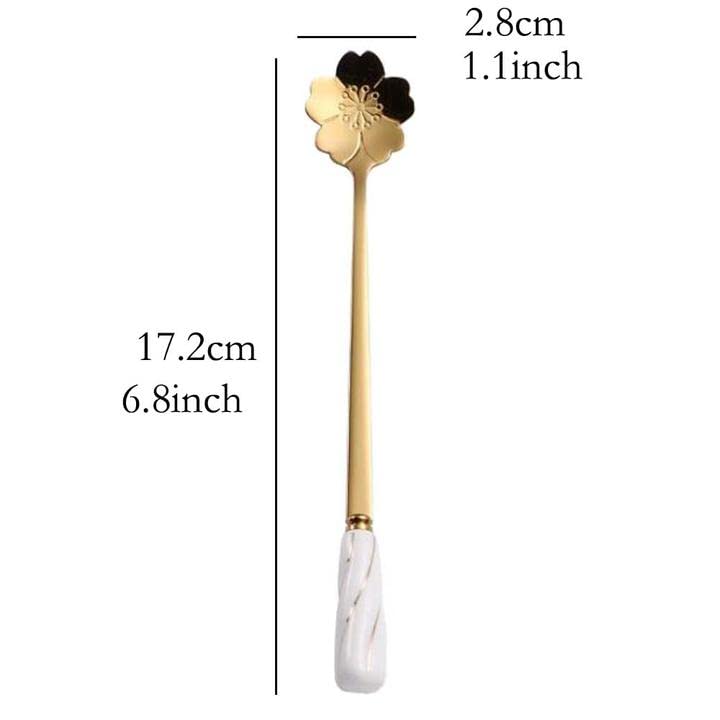 Cuchara de café de té helado Cuchara de agitación de acero inoxidable Cucharas mezcladoras de azúcar oro blanco - Juego de 6 MBBITL Mango de cerámica delicado Forma de Sakura