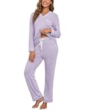 HALCYEEN Aamika Women's Pajamas Sets Long Sleeve V Neck Pjs Soft Loungewear Sets Sleepwear with Pocket (Light purple,XXL)