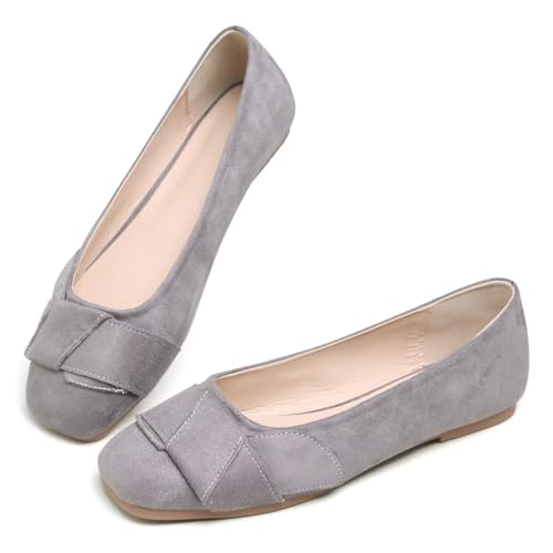 WENJIAZHIZHI Womens Bow Shoes Solid Square Toe Ballet Flats Casual Slip On Loafers for Women Dressy Comfortable4