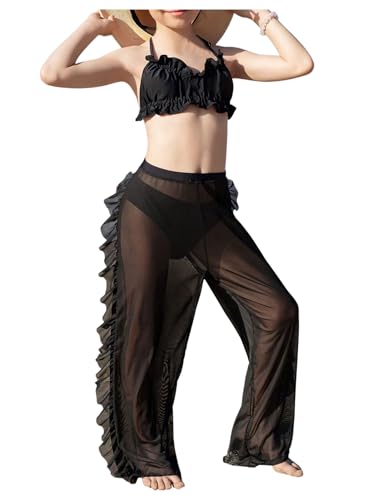 MakeMeChic Girl's 3 Piece Bikini Sets Halter Backless Ruffle Swimsuit with Mesh Sheer Cover Up Pants