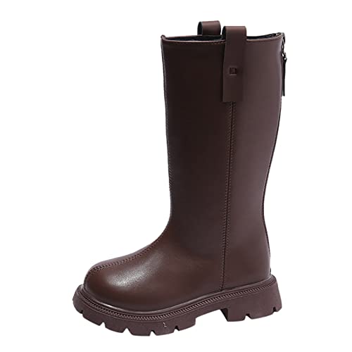 Girls Mid Calf Boots PU Leather Western Cowboy Boots Solid Plain Round Toe Riding Shoes for Outdoor Sport Activities