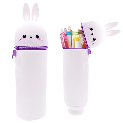 EEPLUYTY Kawaii Étui École 2 en 1 en Silicone Souple, Trousse Verticale, Fermeture Éclair en Silicone, Dessin Animé Mignon DIY, Plusieurs Couleurs Et Styles-Lapin Blanc