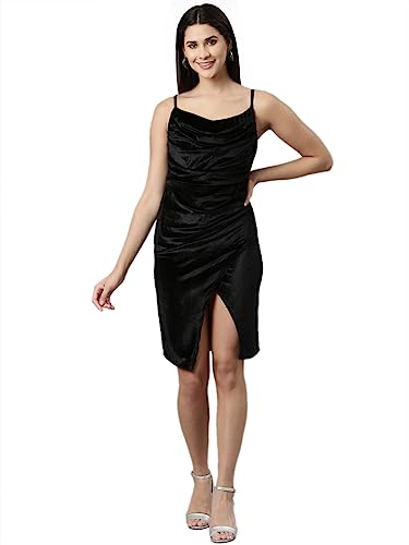 Image of SHOWOFFFF Women Solid Sheath Casual Dress | Cowl Neck Sleeveless Cotton Dress for Womens | Mini Dress for Women's