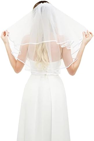 White Bridal Veil for Bride Short 2 Tier Wedding Veil for Bride with white binding Bachelorette Bridal Shower Flower Girl Veil First Communion, White, 23.5 inches