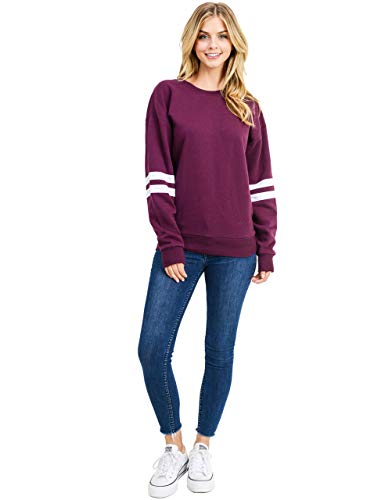 esstive Women's Ultra Soft Fleece Lightweight Casual Stripe on Sleeves Varsity Solid Sweatshirt, Plum, Large