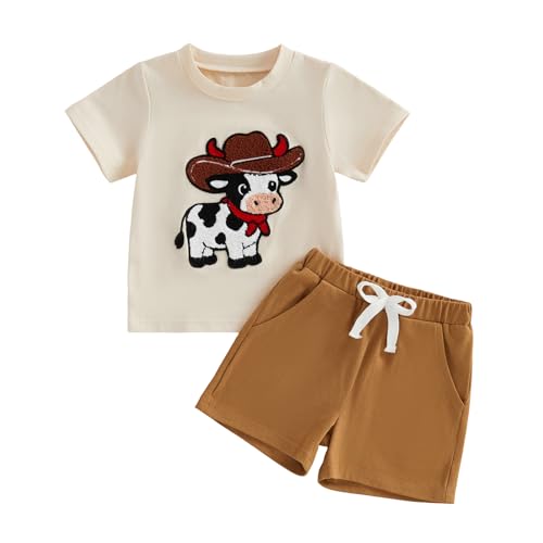Sasaerucure Infant Toddler Baby Boy Western Outfit Short Sleeve Cow Print Shirts with Shorts 2Pcs Summer Clothes (Khaki 2-3T)