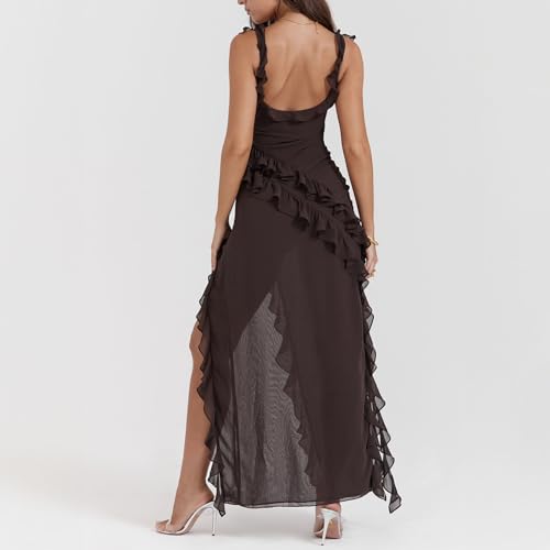 Image of Lossarye Women's High Slit Ruffle Bodycon Maxi Dress Wide Strap Square Neck Backless Wedding Party Prom Dress