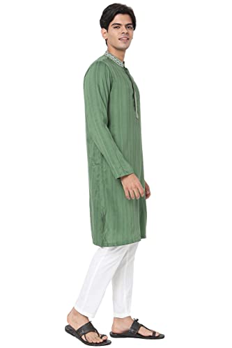 In-Sattva Men's Indian Embroidered Collar and Placket Striped Long Kurta Tunic2