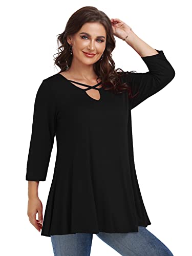 Larace Criss Cross Tops For Women 3/4 Sleeve V Neck T-Shirts Plus Size Tunic For Leggings Casual Fall Clothes(Black 3X) #TOP2