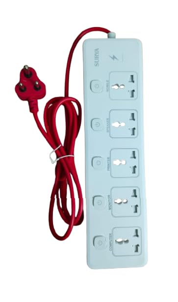 Surya Power Line Red 5 Way Extension Board with Surge and Spike Protection, 2 Metre Wire, 250V-image-26