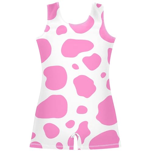 Aflyko Animal Print Little Girl Gymnastics Leotard with Shorts Pinks Cow Print Cute One Piece Activewear Soft Stretchy Tank Tops Fun Fashion Dance Outfit 7-8T