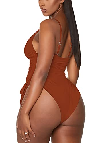Viottiset Women's Ruched Drawstring One Piece Swimsuit Tummy Control Plus Size Bathing Suit Burnt Orange XX-Large - Image 2