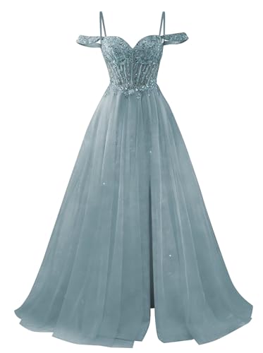 Glitter Tulle Prom Dress Sparkly Lace Beaded Ball Gowns for Women A Line Dusty Blue Formal Party Gown Dusty Blue Size 6