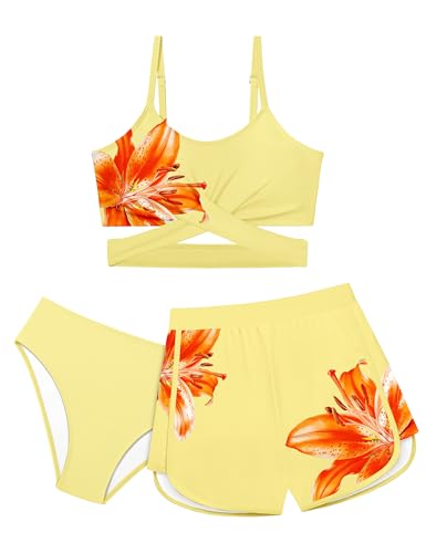 Image of Girls Swimsuit 3 Piece Bathing Suit Criss Cross Bikini Set Girls' Swimwear with Shorts 7-16T