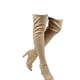 Wild Diva Women Faux Suede Peep Toe Thigh High Chunky Heel Boot GA42 (8, Taupe, numeric_8)