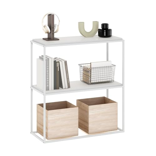Image of Furinno Moretti Modern Storage Shelves, 2-Tier Wide Stackable Book Shelf, Open Shelves, for Organization and Storage, Living Room, Garage, Home Office, Solid White