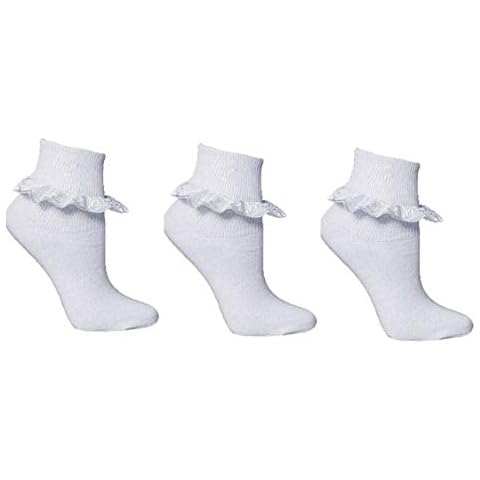 3 Pairs White Cotton Blend Frilly Lace School Casual Wear Plain Rich Ankle Socks (12-3 (7 to 10 years old)) Cover