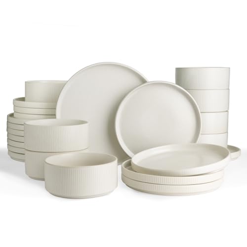 famiware Star Plates and Bowls Sets, Modern Stoneware Dinnerware Sets for 8, 24-Piece Kitchen Dish Set - Microwave and Dishwasher Safe, Chip and Scratch Resistant, Matte White
