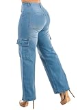Moda Xpress Womens Juniors Light Blue Butt Lift Straight Wide Leg Cargo Jeans 12301H