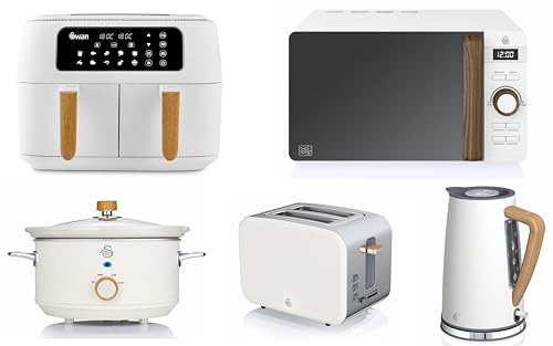 Swan Nordic White Kettle, 2 Slice Toaster, 8L Dual Basket Air Fryer, 800W 20L Microwave & 3.5L Slow Cooker Matching Set. Scandinavian Minimalist Kitchen Design Set in White with Wood Effect Accents