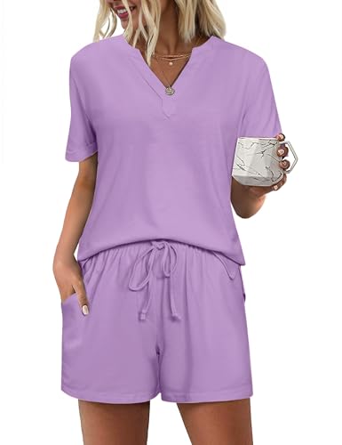Bresdk Conjunto de Pijama Mujer Verano Corto Algodón Camiseta de Manga Corta y Pantalón Ropa de Dormir Suave Lounge Set Morado M