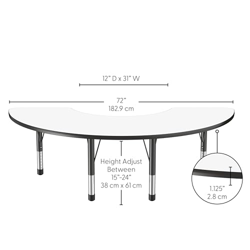 Image of FDP Dry-Erase Half Moon Activity School and Classroom Kids Table (36 x 72 inch), Chunky Toddler Legs for Collaborative Spaces, Adjustable Height 15-24 inches - Whiteboard Top and Black Edge