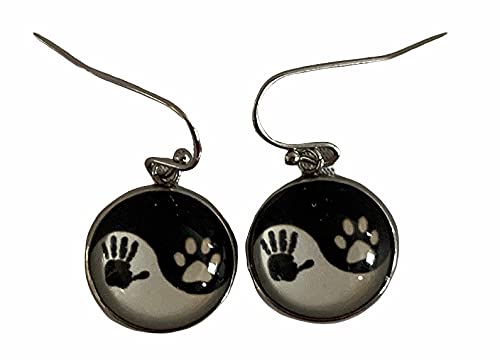 Bezel Set Earrings, Dangle Earrings, Yin Yang Earrings, Hand Print Paw Print Earrings
