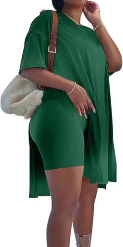 Image of AXOSY Women Plus Size 2 Piece Outfits Short Sleeve Tunic Tops and Skinny Biker Shorts Sets Tracksuits