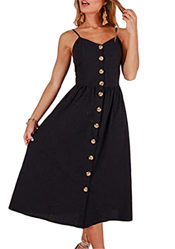 Image of YMING Womens Summer Spaghetti Strap Dresses Button Down Floral Sundress High Waist Swing Midi Dress with Pockets