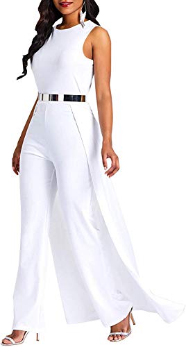 MAGICMK Women Sleeveless High Waist Outfit Overlay Elegant Wide Leg Long Jumpsuit Romper (White, XL)
