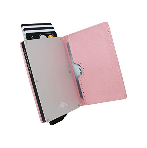 STEALTH WALLET Porte Cartes RFID - Portefeuilles Pop-up à Blocage NFC Minimaliste - Porte-Cartes de Crédit en Métal Léger et Mince et Protecteur sans Contact (Argent avec Cuir Rose)
