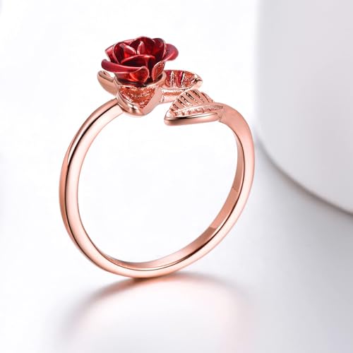 U7 Rose Flower Ring, Stackable Band Ring for Women Girls, Platinum Silver/Gold/Rose Gold Red Signet Rings Adjustable Fit Size 5 to 104