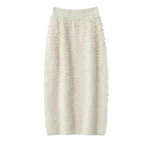 Women Elastic Waist Wool Skirts High Waist Tassels Vintage Office Business Slim Skirt Milk White L