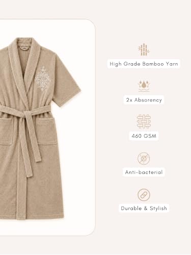 Image of RANGOLI Royal Bamboo Premium Bathrobe For Women | Ultra Soft Bamboo Yarn Lightweight Bathing Robes | 460 GSM Highly Absorbent & Quick Drying Luxurious Bath Gown | Knee Length Bath Robe - Beige