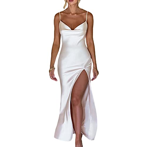 FeMereina Women Summer Sexy Cowl Neck Spaghetti Strap Sleeveless Long Satin Dress Slit Club Slip Maxi Dress Wedding Guest Cocktail Midi Dresses (White, M)