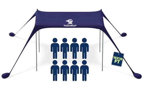 Product Image of the SUN NINJA Beach Tent Sun Shelter UPF50+ - Easy Pop Up Beach Canopy - Outdoor Shade for Camping Trips, Fishing, Backyard Fun Picnics - Sand Shovel, Ground Pegs & Stability Poles