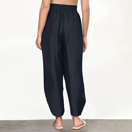 Harem Pants Women with Pockets Summer Casual Pants Elastic High Waisted Trousers Lightweight Comfy Vacation Pants2