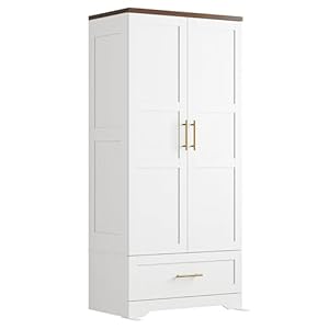 IRONCK Wooden Armoire Wardrobe Closet, 71″ Tall Wardrobe Cabinet with Drawer and Door, Bedroom Wood Clothes Storage Cabinet with Hanging Rod and Shelves, White