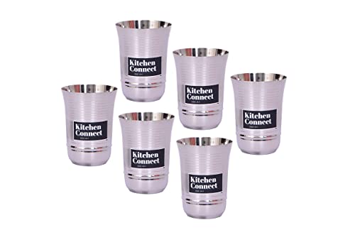 Kitchen Connect Stainless Silver Steel Tableware Drinkware Tumbler Drinking Glasses | Heavy Gauge with permanent laser design | Set of 6 | | Mirror finish | Glass for serving water, juice and hot beverages | Line pattern| Capacity 320ml