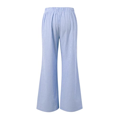 Womens Striped Linen Pants Low Rise Wide Leg Plus Size Trendy Elastic Waist Drawstring Casual Flowy Trouser with Pockets4