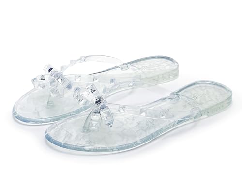 Image of Studded Jelly Shoes for Womens Bow Flip Flops Jellies Sandals Flat Black Summer Beach Thong with Rivets Strappy Slides Slip On