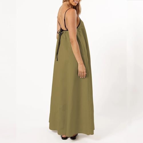 Image of Senllen Women's Linen Dress Summer Loose Flowy Sundress Contrast Spaghetti Strap Sleeveless Backless Beach Maxi Long Dresses