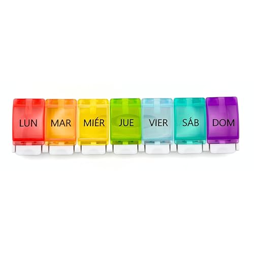 Pastillero Semanal 1 Toma Diario con Botones - Organizador de Medicamentos en Colores por Día, Caja de Pastillas de Viaje Duradera y Portátil, Ideal para Medicación Regular