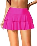 Pinup Fashion Swim Skirt Bottom High Waisted Women Hot Pink Ruched Ruffle Skirted Bathing Suit with Built-in Shorts M