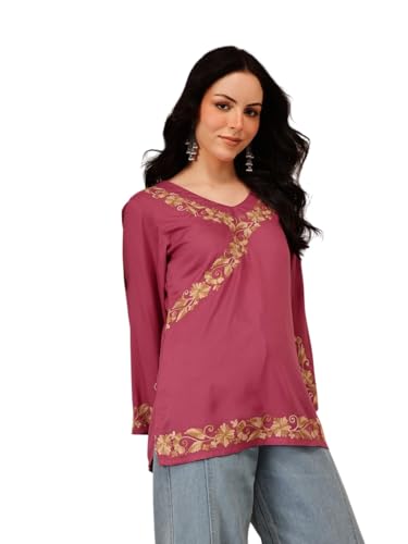 Image of QAZMI Women's Aari Embroidered Viscose Rayon V-Neck Full Sleeves Short Kurti