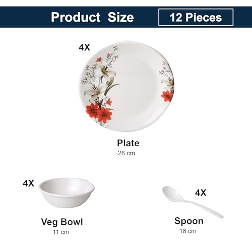 Image of Golden Fish 12 Pieces Dining Set for 4 | Full Plates with Veg Bowls & Eating Spoons Combo | Basic Dinnerware Set for Daily Meals | Lightweight, Easy to Use & Ideal for Home, Hostel & Gifting