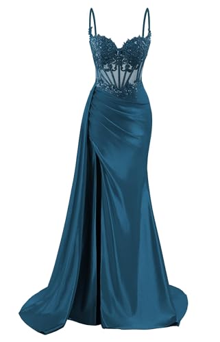 HPPEE Damen Spaghettiträger Satin Ballkleider mit Schlitz Spitze Applique Meerjungfrau formelle Partykleid, blaugrün, 38