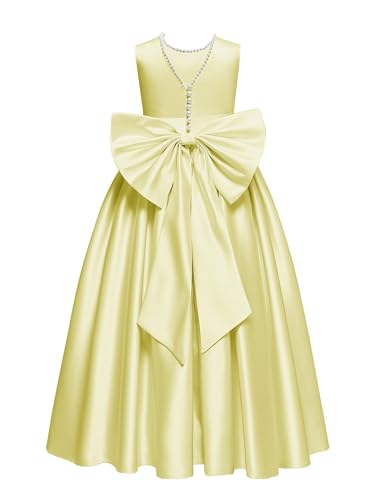 Satin Flower Girl Dress for Wedding Pearls Crewneck Long A-Line Princess Kids First Communion Pageant Party Bow Ball Gowns2